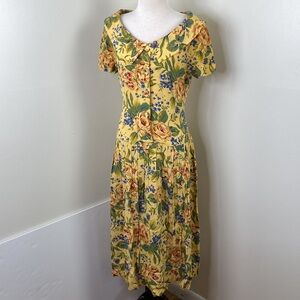 Vintage Y2K Donna Ricci Floral Midi Dress With Bow Tie Back & Pleated Skirt M